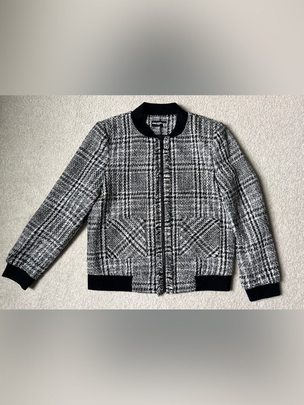 Karl Lagerfeld Paris Tweed Bomber zip Jacket Black White Plaid Fringe Trim Sz 8